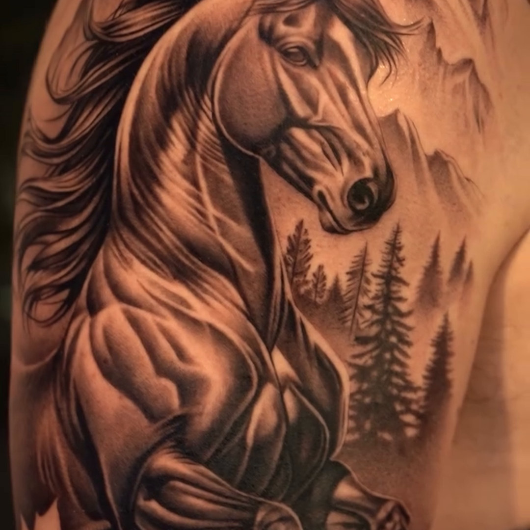 Horse Tattoo — Alex Tysiachniy — Guest Artist — Bigfoot Tattoos Horse Tattoo — Alex Tysiachniy — Guest Artist — Bigfoot Tattoos